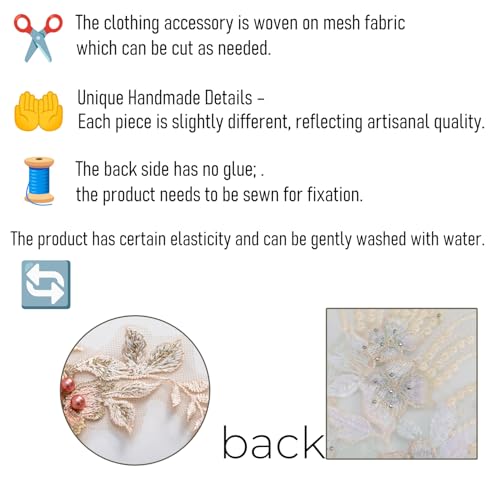 FixrWre Beaded Pearl Flower Fabric Lace Applique, Floral Embroidered Patches Handmade Sewing Tool for DIY Neckline Bodice Wedding Bridal Prom Dress(Apricot-Large) - Image 5
