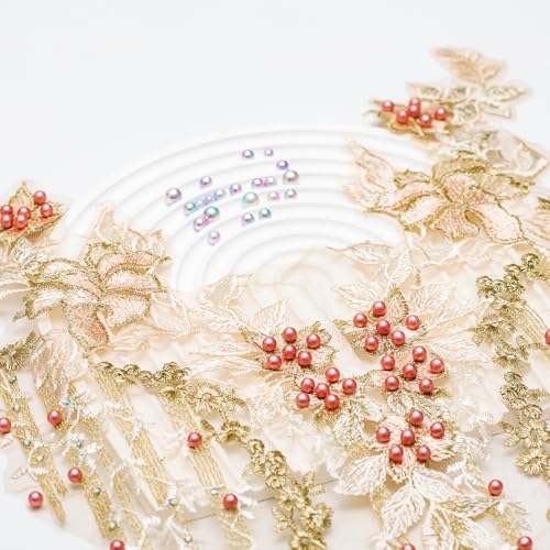 FixrWre Beaded Pearl Flower Fabric Lace Applique, Floral Embroidered Patches Handmade Sewing Tool for DIY Neckline Bodice Wedding Bridal Prom Dress(Apricot-Large) - Image 2