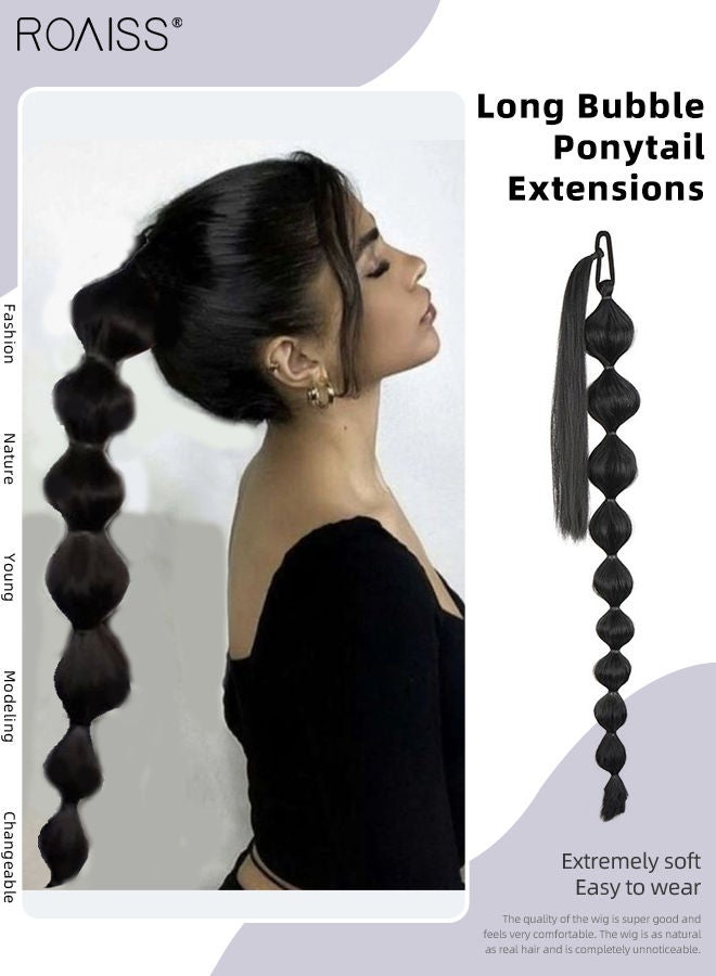 رويس وصلات شعر ذيل حصان طويلة بنمط الفقاعة، ذيل حصان مضفر بطول 75 سم مع رباط شعر ملفوف مطاطي مرن، قطعة شعر صناعية ناعمة للفتيات والنساء للحفلات والارتداء اليومي، أسود - Image 1
