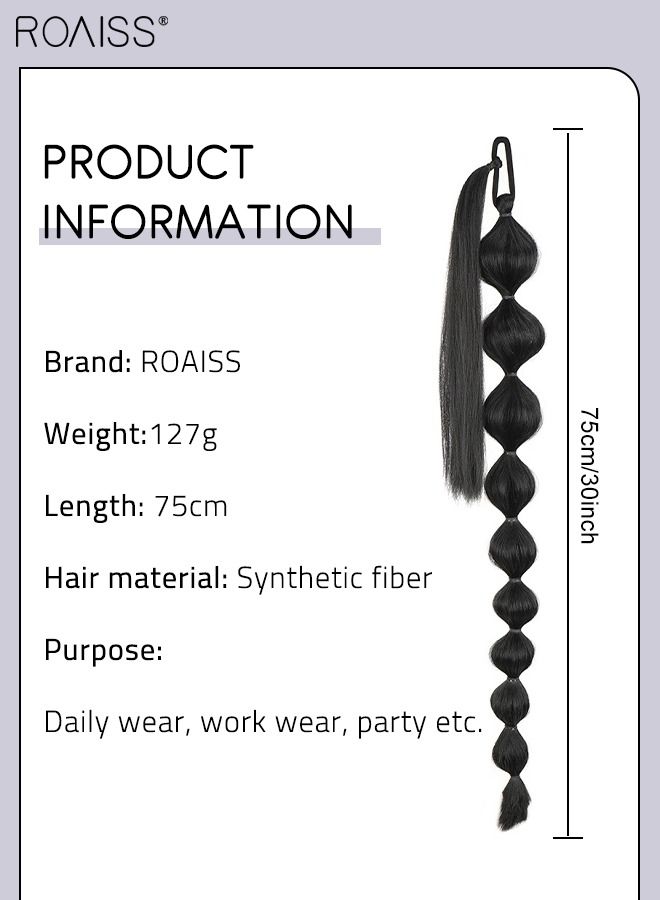 رويس وصلات شعر ذيل حصان طويلة بنمط الفقاعة، ذيل حصان مضفر بطول 75 سم مع رباط شعر ملفوف مطاطي مرن، قطعة شعر صناعية ناعمة للفتيات والنساء للحفلات والارتداء اليومي، أسود - Image 3