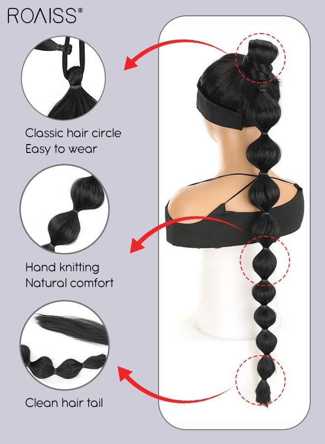 رويس وصلات شعر ذيل حصان طويلة بنمط الفقاعة، ذيل حصان مضفر بطول 75 سم مع رباط شعر ملفوف مطاطي مرن، قطعة شعر صناعية ناعمة للفتيات والنساء للحفلات والارتداء اليومي، أسود - Image 4