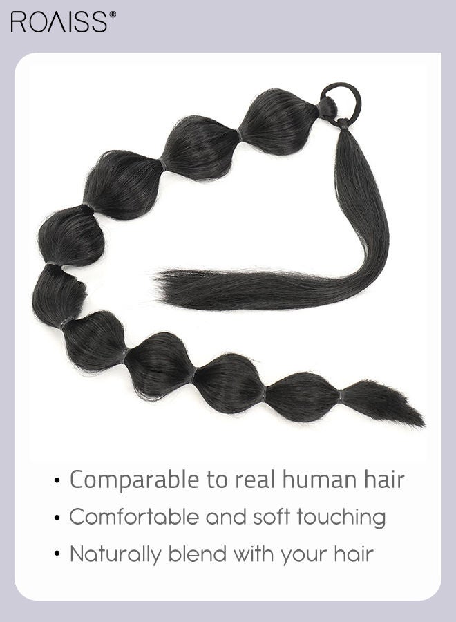 رويس وصلات شعر ذيل حصان طويلة بنمط الفقاعة، ذيل حصان مضفر بطول 75 سم مع رباط شعر ملفوف مطاطي مرن، قطعة شعر صناعية ناعمة للفتيات والنساء للحفلات والارتداء اليومي، أسود - Image 5