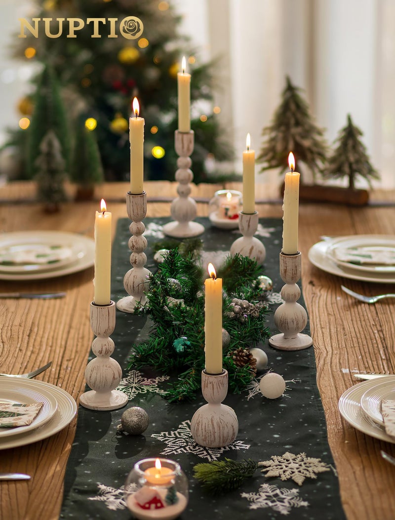 NUPTIO Taper Candle Holders Decor: Set of 3 Wooden Candlestick Holders Mantel Decor - Boho Farmhouse Rustic White - Image 4