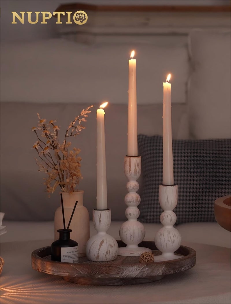 NUPTIO Taper Candle Holders Decor: Set of 3 Wooden Candlestick Holders Mantel Decor - Boho Farmhouse Rustic White - Image 5