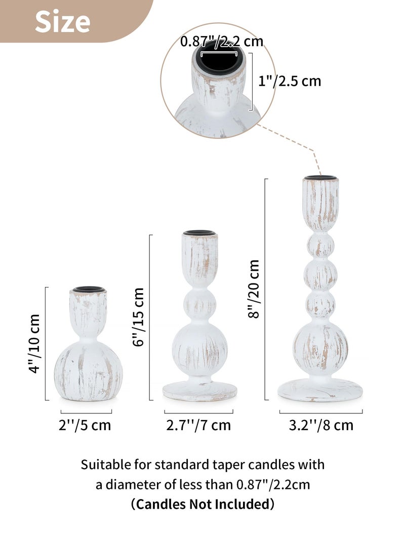 NUPTIO Taper Candle Holders Decor: Set of 3 Wooden Candlestick Holders Mantel Decor - Boho Farmhouse Rustic White - Image 2
