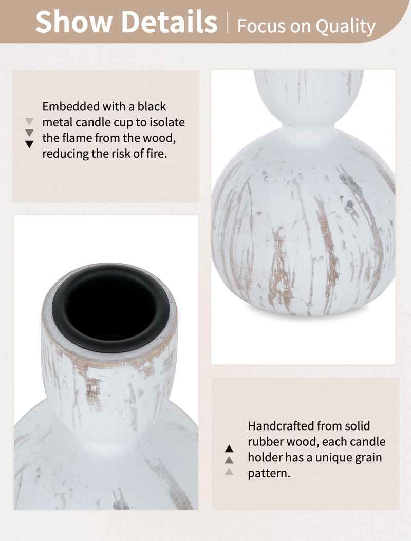 NUPTIO Taper Candle Holders Decor: Set of 3 Wooden Candlestick Holders Mantel Decor - Boho Farmhouse Rustic White - Image 3