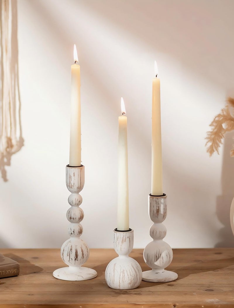 NUPTIO Taper Candle Holders Decor: Set of 3 Wooden Candlestick Holders Mantel Decor - Boho Farmhouse Rustic White - Image 1