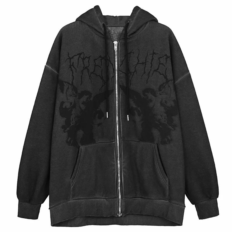 Double-Layer Hooded Loose-Fit Printed Pocket Sweatshirt Womens Jacket Thickened Y2K Cross-Border Style For Autumn/Winter Black 
