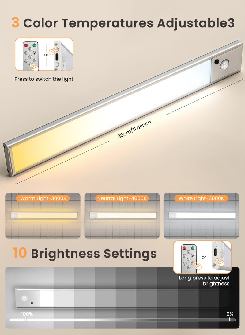 نكومي مصباح خزانة LED بطول 30 سم مع جهاز تحكم عن بعد، مصباح LED مغناطيسي قابل لإعادة الشحن أسفل الخزانة، مصابيح مستشعر حركة قابلة لإعادة الشحن، 3 درجات حرارة ملونة، مصابيح خزانة LED لاصقة إضاءة قابلة لإعادة الشحن أسفل شريط الإضاءة - Image 2