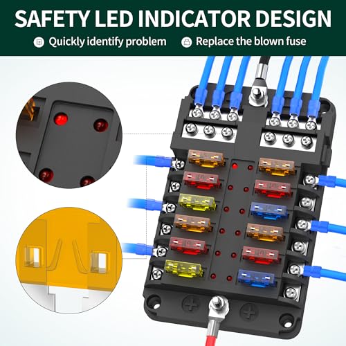 DaierTek 12 Way Fuse Block, 12 Volt Blade Fuse Block with LED Indicator 12 Circuit Fuse Box 12V ATO/ATC Marine Fuse Panel 24V with Waterproof Cover Fuse Terminals for Automotive Boat Car RV - Image 3