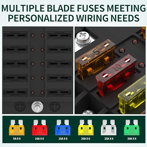 DaierTek 12 Way Fuse Block, 12 Volt Blade Fuse Block with LED Indicator 12 Circuit Fuse Box 12V ATO/ATC Marine Fuse Panel 24V with Waterproof Cover Fuse Terminals for Automotive Boat Car RV - Image 4