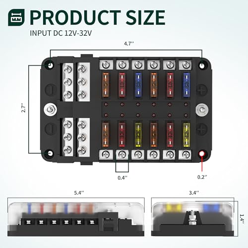 DaierTek 12 Way Fuse Block, 12 Volt Blade Fuse Block with LED Indicator 12 Circuit Fuse Box 12V ATO/ATC Marine Fuse Panel 24V with Waterproof Cover Fuse Terminals for Automotive Boat Car RV - Image 2
