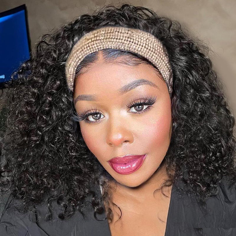 Aisaide Headband Wig Kinky Curly Black Headband Wigs for Black Women Natural Black None Lace Front Curly Wave Half Hair Wear and Go Glueless Wig - Image 2