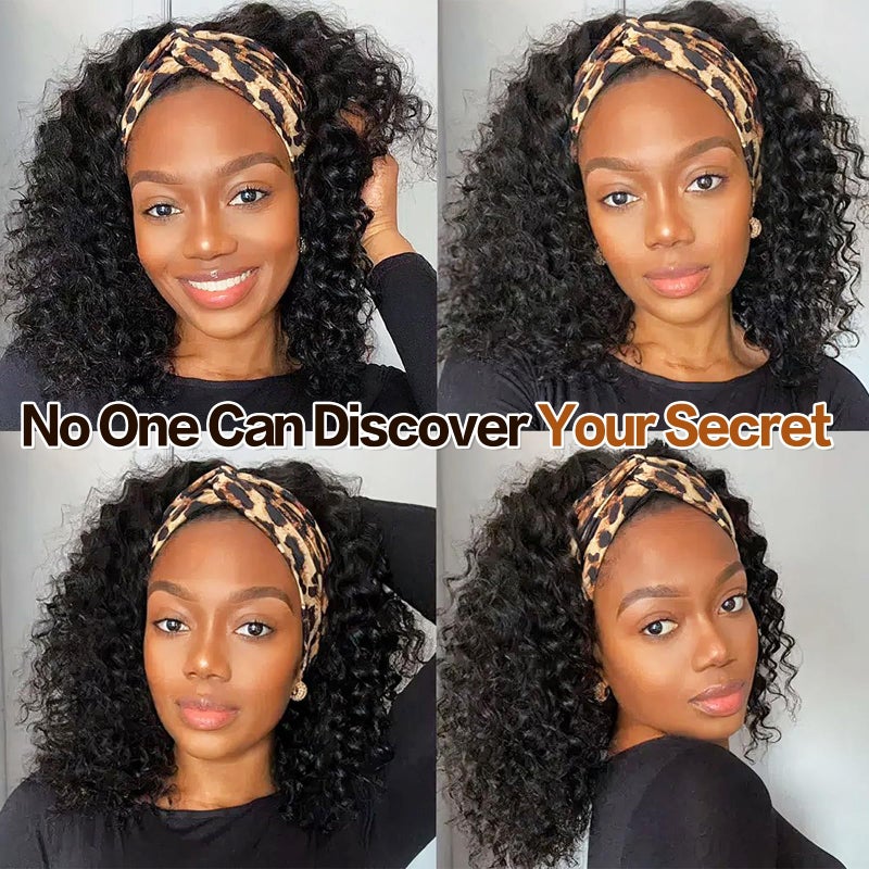 Aisaide Headband Wig Kinky Curly Black Headband Wigs for Black Women Natural Black None Lace Front Curly Wave Half Hair Wear and Go Glueless Wig - Image 5