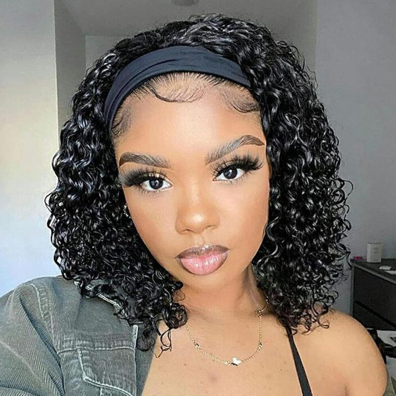 Aisaide Headband Wig Kinky Curly Black Headband Wigs for Black Women Natural Black None Lace Front Curly Wave Half Hair Wear and Go Glueless Wig - Image 1
