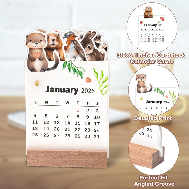 Yopyame Mini Desk Calendar 2026-12PCS 3.9" x 6.1" 12 Monthly Mini Academic Year Calendar with Wood Stand, January to December 2026, Wildlife Animal Design Office Desk Calendars for New Year Gifts - Image 3