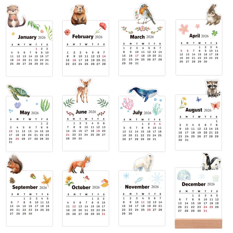 Yopyame Mini Desk Calendar 2026-12PCS 3.9" x 6.1" 12 Monthly Mini Academic Year Calendar with Wood Stand, January to December 2026, Wildlife Animal Design Office Desk Calendars for New Year Gifts - Image 1