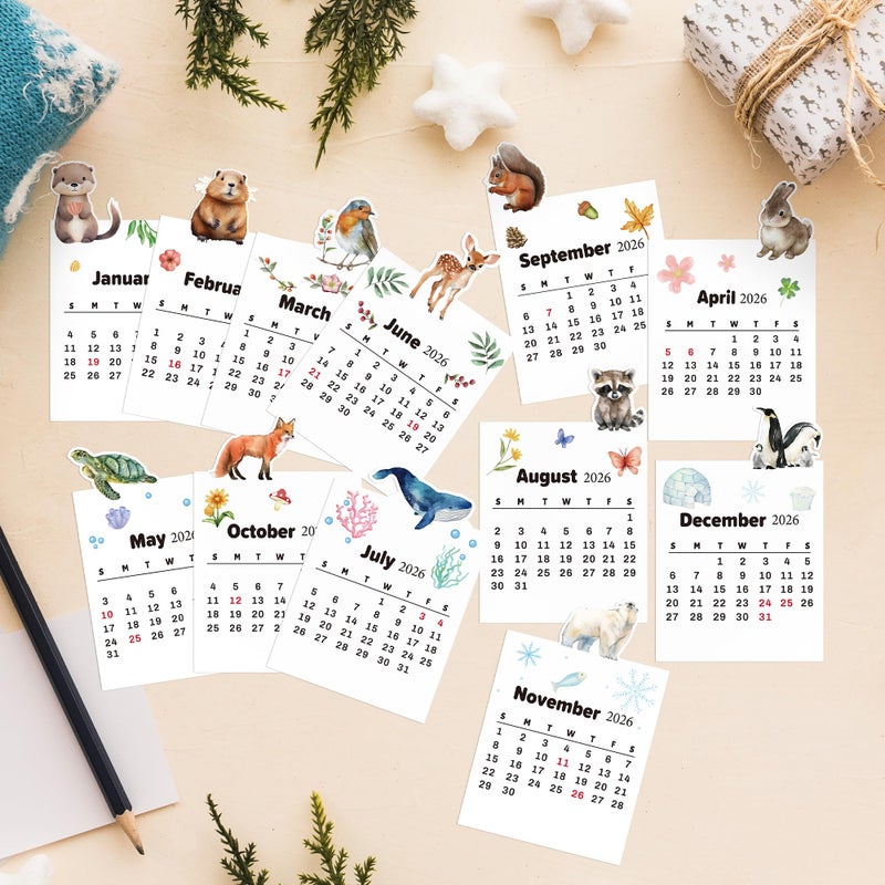 Yopyame Mini Desk Calendar 2026-12PCS 3.9" x 6.1" 12 Monthly Mini Academic Year Calendar with Wood Stand, January to December 2026, Wildlife Animal Design Office Desk Calendars for New Year Gifts - Image 4