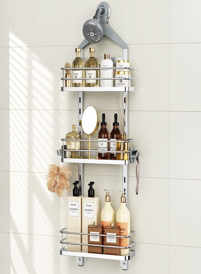 Orimade Aluminum Hanging Shower Caddy Over Head, Adjustable Bathroom Shelf with Hooks, Anti-Slip Rustproof Organizer Storage Rack Basket, Silver, 3 Tier - Image 1