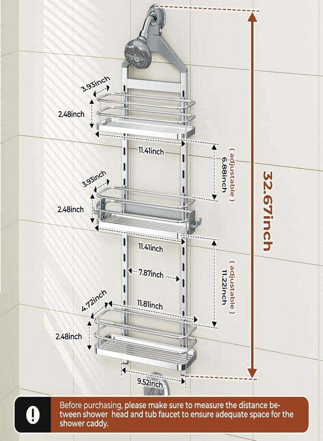 Orimade Aluminum Hanging Shower Caddy Over Head, Adjustable Bathroom Shelf with Hooks, Anti-Slip Rustproof Organizer Storage Rack Basket, Silver, 3 Tier - Image 2