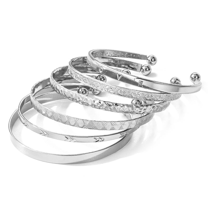 17IF Silver Bangle Bracelet Pack For Women 14k Plated Stack Cuff Bracelets Set Trendy Boho Textured Indian Punk Chunky Cable Smooth Bangles Elegance Minimalist Jewelry Gift - Image 1