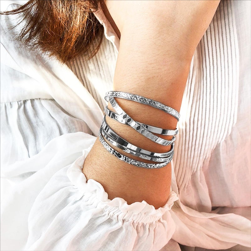 17IF Silver Bangle Bracelet Pack For Women 14k Plated Stack Cuff Bracelets Set Trendy Boho Textured Indian Punk Chunky Cable Smooth Bangles Elegance Minimalist Jewelry Gift - Image 2