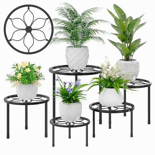 VECELO Metal Plant Stands Set of 5, Multiple Heavy Duty Flower Pot Stand, Round Plant Holder, Black - Image 1