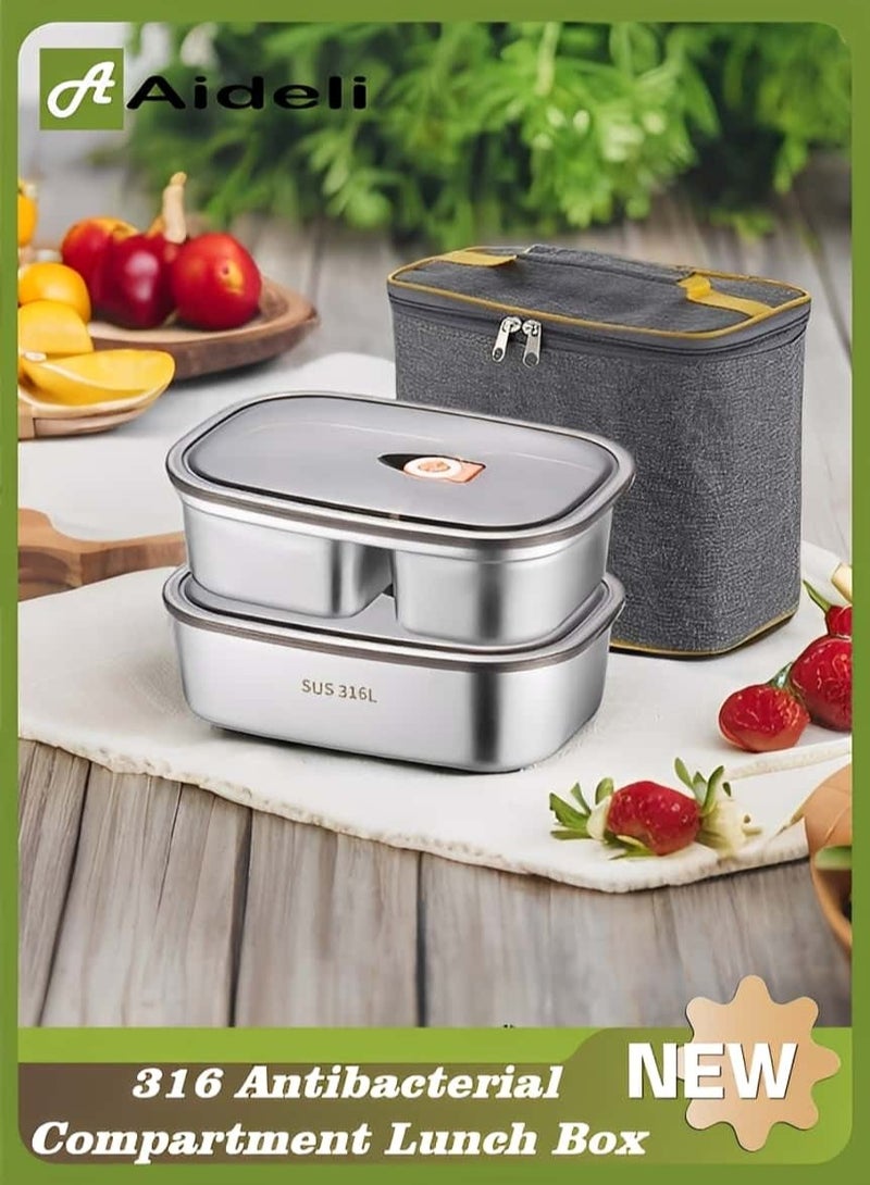 Aideli Lunch Box Set of 2, 316 Stainless Steel Bento with Storage Bag, Leakproof Airtight Containers 1.2L + 1.7L for School, Work, Picnic - Image 1