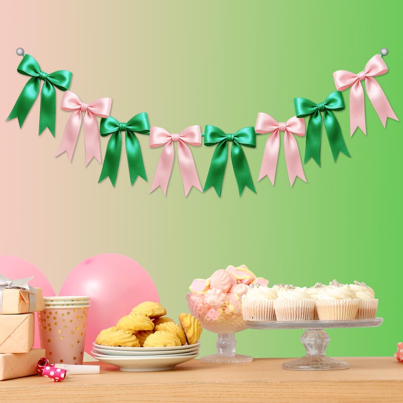 EONSUI 2 Strings of 16PCS Pink&Green Bow Garlands Banner Wicked Party Decoration,Pre-Strung Satin Ribbon Ornaments for Birthday,Bachelorette Party,Wedding,Engagement,Baby Shower,Graduation Decor,Anniversary - Image 1