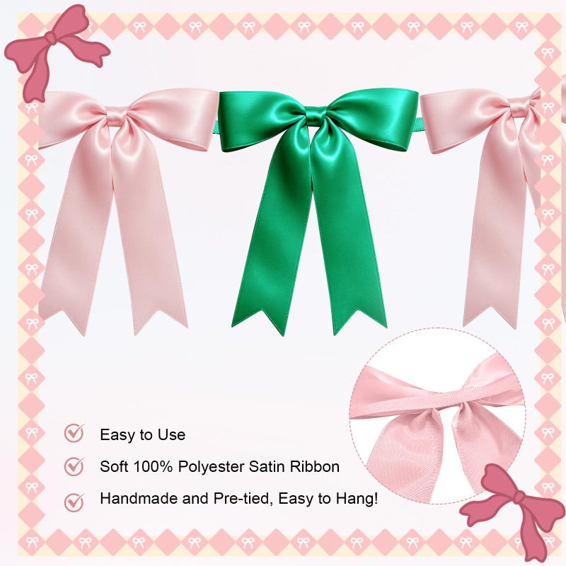 EONSUI 2 Strings of 16PCS Pink&Green Bow Garlands Banner Wicked Party Decoration,Pre-Strung Satin Ribbon Ornaments for Birthday,Bachelorette Party,Wedding,Engagement,Baby Shower,Graduation Decor,Anniversary - Image 3