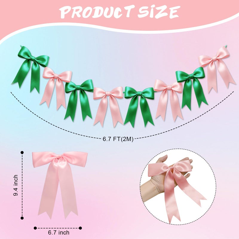 EONSUI 2 Strings of 16PCS Pink&Green Bow Garlands Banner Wicked Party Decoration,Pre-Strung Satin Ribbon Ornaments for Birthday,Bachelorette Party,Wedding,Engagement,Baby Shower,Graduation Decor,Anniversary - Image 2