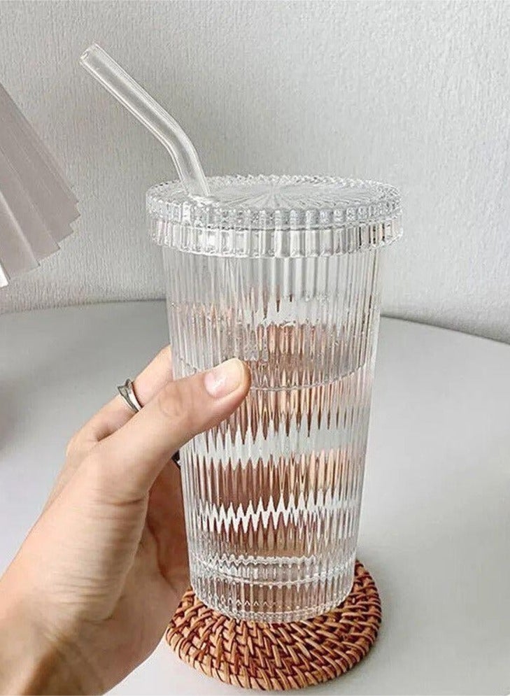 جولدن أروز كوب زجاجي شفاف مع ماصة وغطاء، اكواب زجاجية مضلعة، اكواب شرب امنة للاستخدام في غسالة الصحون، اكواب زجاجية انيقة للقهوة والعصير والشاي والماتشا - Image 3