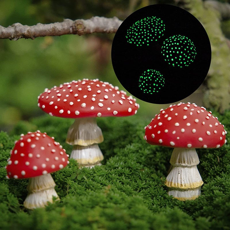 OwMell Glow in The Dark Mushroom, Set of 3 Mushroom Decor Decorations for Garden Yard, Mushroom Tree Decorations Outdoor, Mushroom Statue Figurines, Fairy Garden Decor Accessories - Garden Stakes - Image 1
