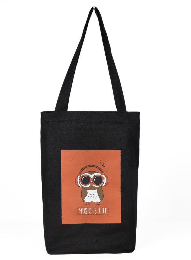 JUTEKA Canvas Tote Bag, College Bag for Girls with zip, Organic Cotton Tote Bag for Travel, Beach Shopping Bags for Women (Owl (Black)) - Image 2