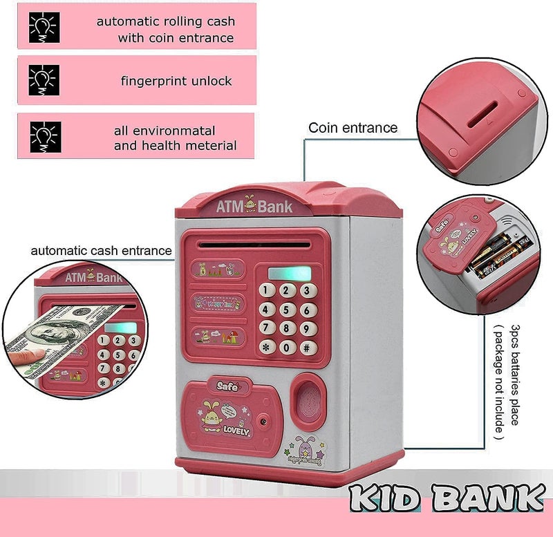 BAREPEPE Electric ATM Piggy Bank for Kids with Password and Finger Sensor - Pink - Image 4