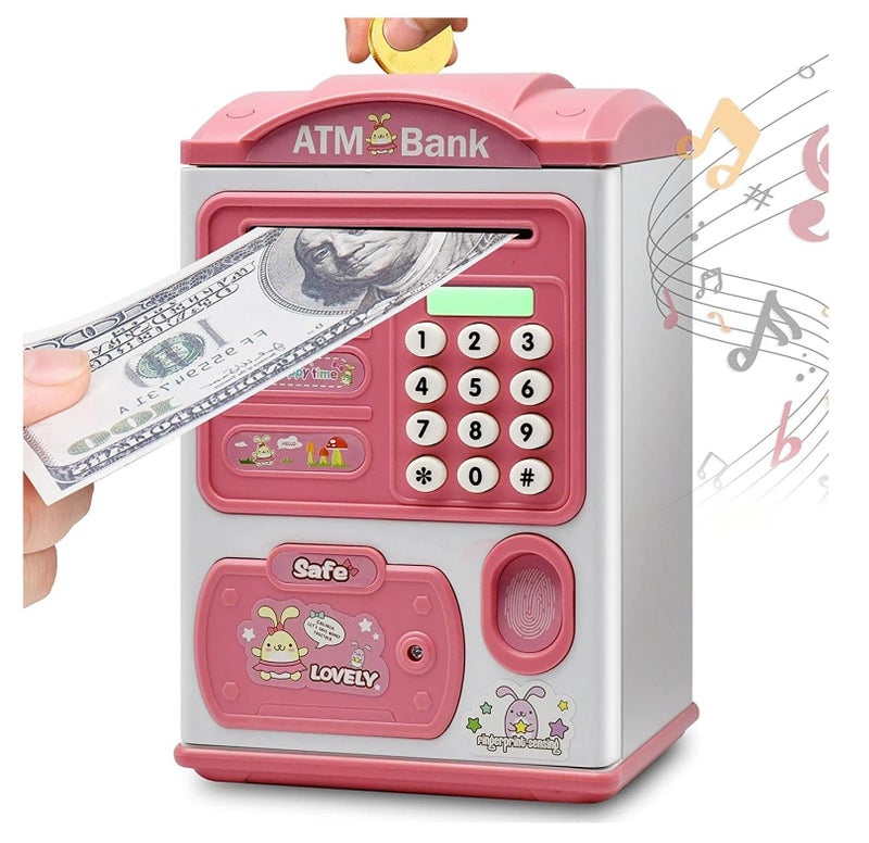 BAREPEPE Electric ATM Piggy Bank for Kids with Password and Finger Sensor - Pink - Image 1