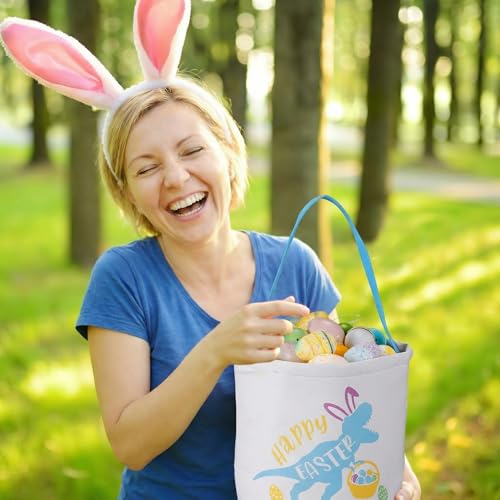 Cosblank Easter Baskets with Handle, Dinosaur Canvas Eggs Hunt Bag Gifts Bucket Tote for Easter Party(Blue) - Image 5