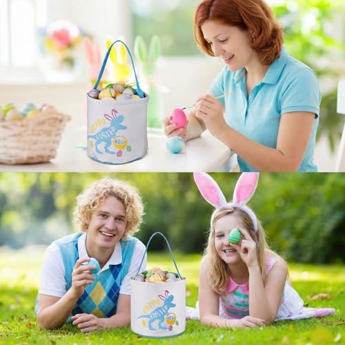 Cosblank Easter Baskets with Handle, Dinosaur Canvas Eggs Hunt Bag Gifts Bucket Tote for Easter Party(Blue) - Image 2