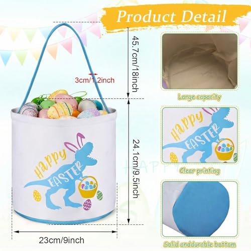 Cosblank Easter Baskets with Handle, Dinosaur Canvas Eggs Hunt Bag Gifts Bucket Tote for Easter Party(Blue) - Image 4