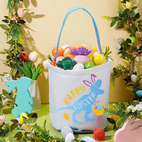 Cosblank Easter Baskets with Handle, Dinosaur Canvas Eggs Hunt Bag Gifts Bucket Tote for Easter Party(Blue) - Image 3