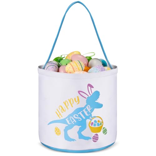 Cosblank Easter Baskets with Handle, Dinosaur Canvas Eggs Hunt Bag Gifts Bucket Tote for Easter Party(Blue) - Image 1