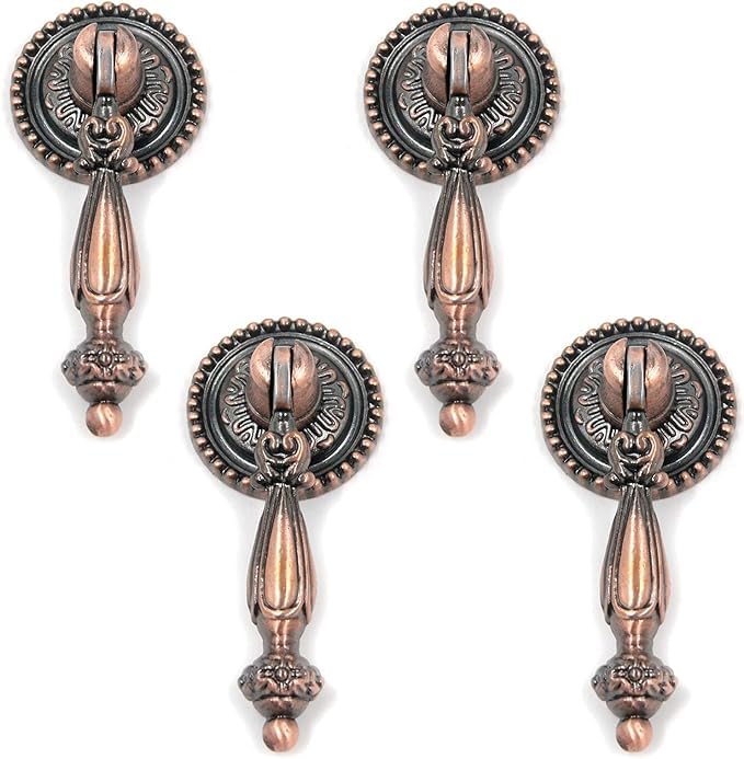 FarBoat 4Pcs Cabinet Tear Drop Pull Knobs Pendant Antique Decorative Handle Zinc Alloy Hardware for Furniture Dresser Closet Drawer with Screws(Red Bronze, 65mm/2.6inch) - Image 1