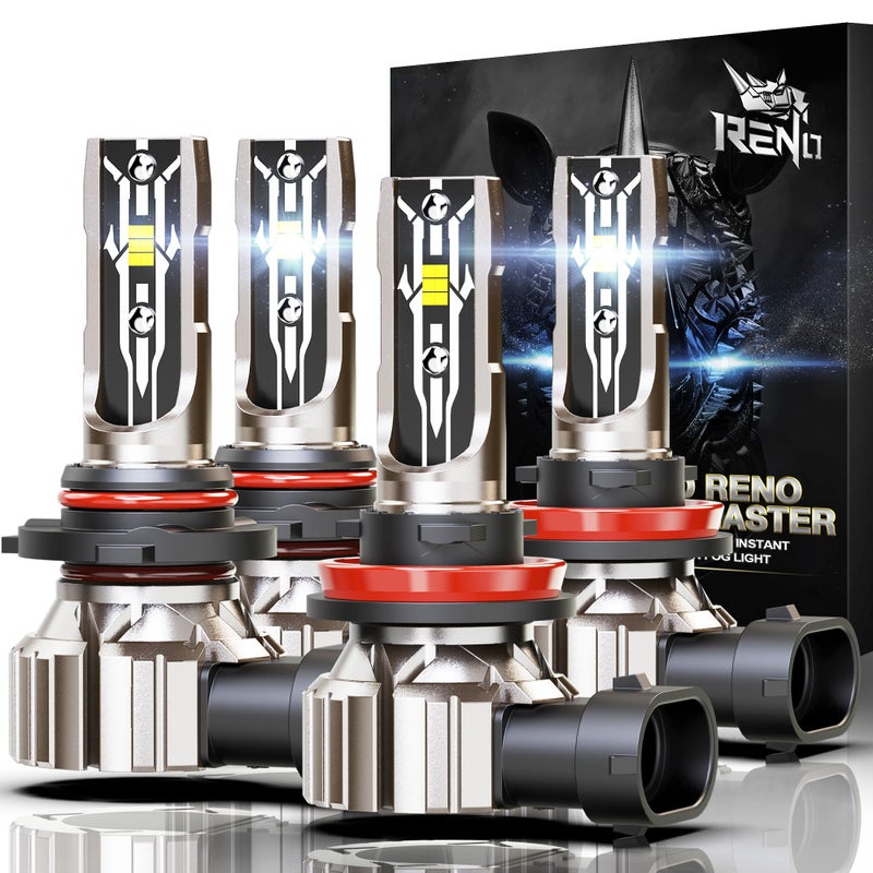 RENO 9005 H11 Bulb Combo, H11 9005 Fog Bulbs Fanless 6500K 800% Brighter 9005 H11 Light Bulbs Off-Road Use or Auxiliary Fog 52000LM Plug and Play, 4 Pack - Image 1