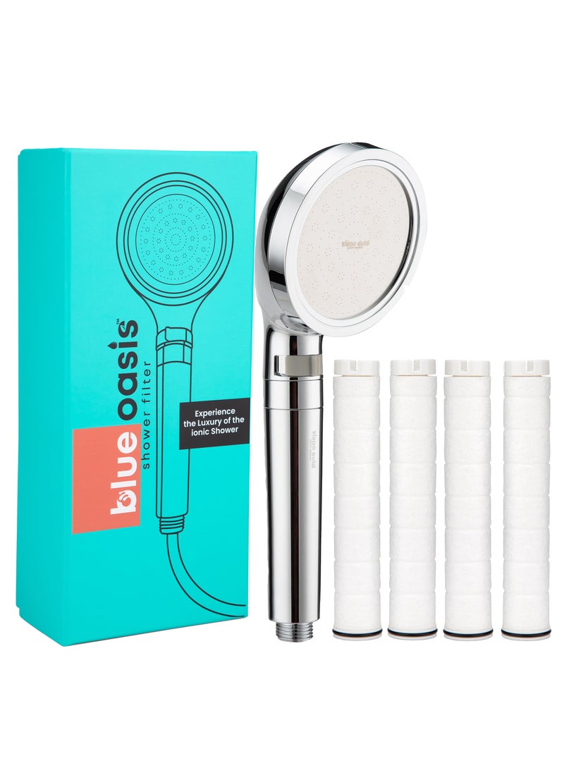 Blue Oasis Blue Oasis Ionic Shower Head & Handheld Shower Filter | Cylindrical Silver Single & 4 Dual Filter Cartridge | Water Filter Shower for Healthier Skin & Hair | TUV Tested | High Pressure Shower filter for Bathroom  - Image 1