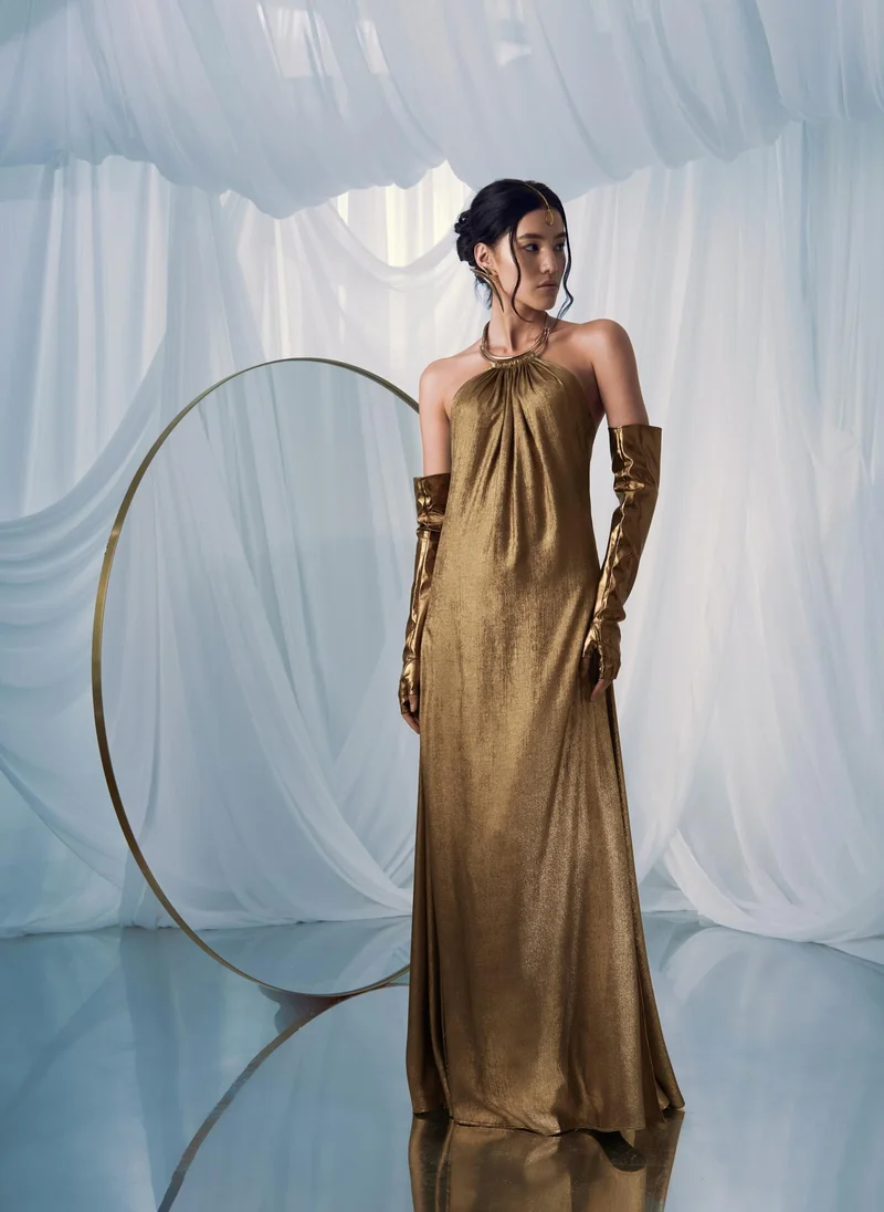 Lichi Metallised maxi dress with golden choker