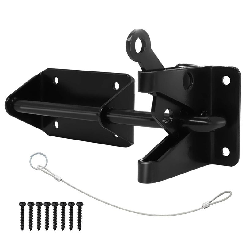 Heavy Duty Automatic Latch for Wooden Metal Gates Vinyl Fence Self Locking Outswinging Pool Dog Gate Door Latch with Gravity Security Cable Pull Opener Black