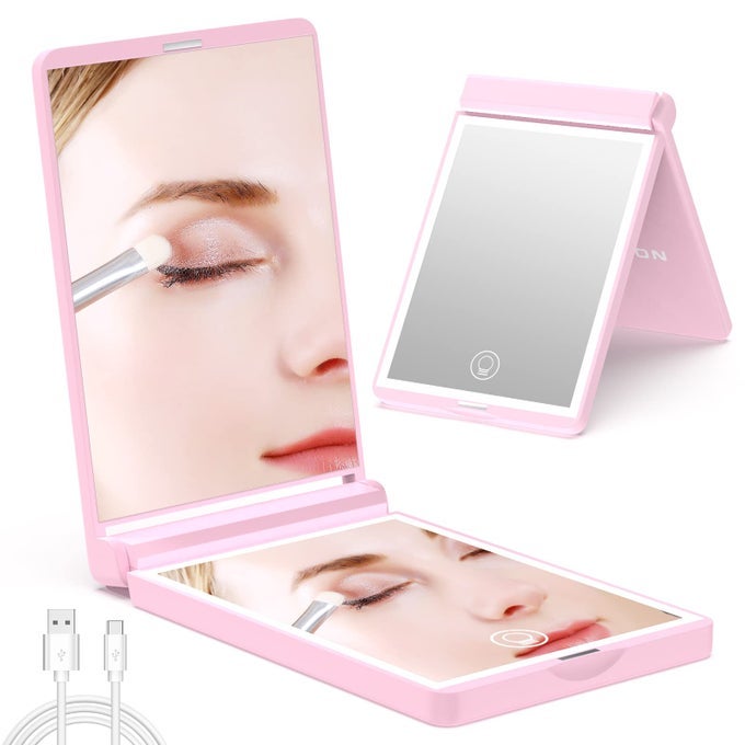 LIGHTED COMPACT MIRROR RECHARGEABLE TRAVEL MAKEUP MIRROR WITH LIGHT1X3X MAGNIFYING300FLIP FOLDING PORTABLE MIRROR 2SIDED MAGNETIC SWITCH HANDHELD MIRRORDIMMABLEGIFTS FOR GIRLS
