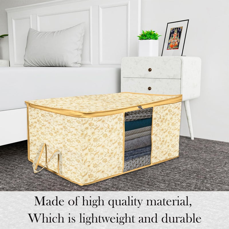 Kuber Industries Underbed Storage Bag LeafDesign Blanket Cover with Clear Window Zipper Closure Handle Cloth Organizer Large Pack of 6 Cream - Image 2