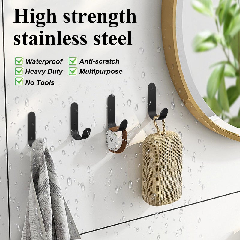 ATDOALL Adhesive Towel Hooks, 20 PCS Stainless Steel Self Adhesive Wall Hooks, Black Heavy Duty Shower Hook, Waterproof Oilproof Rustproof for Bathroom, Kitchen, Living Room - Image 2
