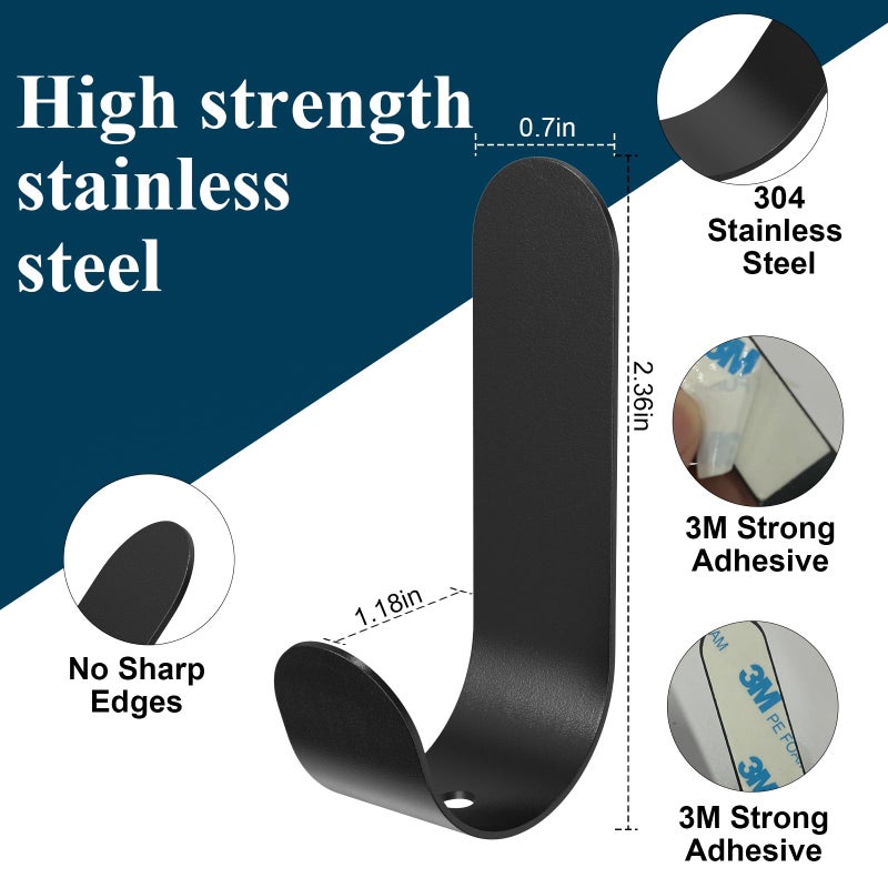 ATDOALL Adhesive Towel Hooks, 20 PCS Stainless Steel Self Adhesive Wall Hooks, Black Heavy Duty Shower Hook, Waterproof Oilproof Rustproof for Bathroom, Kitchen, Living Room - Image 3